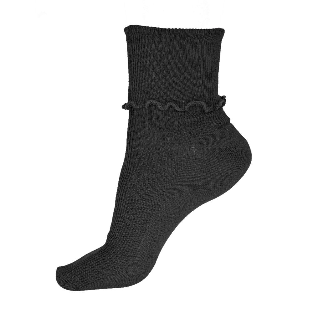 Ribbed Cotton Ruffle Crew Socks, black
