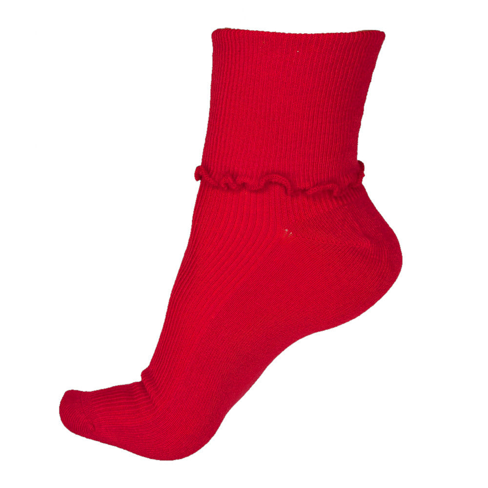 Ribbed Cotton Ruffle Crew Socks, red
