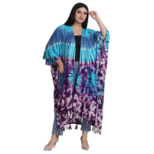 Long Tie Dye Kimono Robe with Tassels, purple and blue