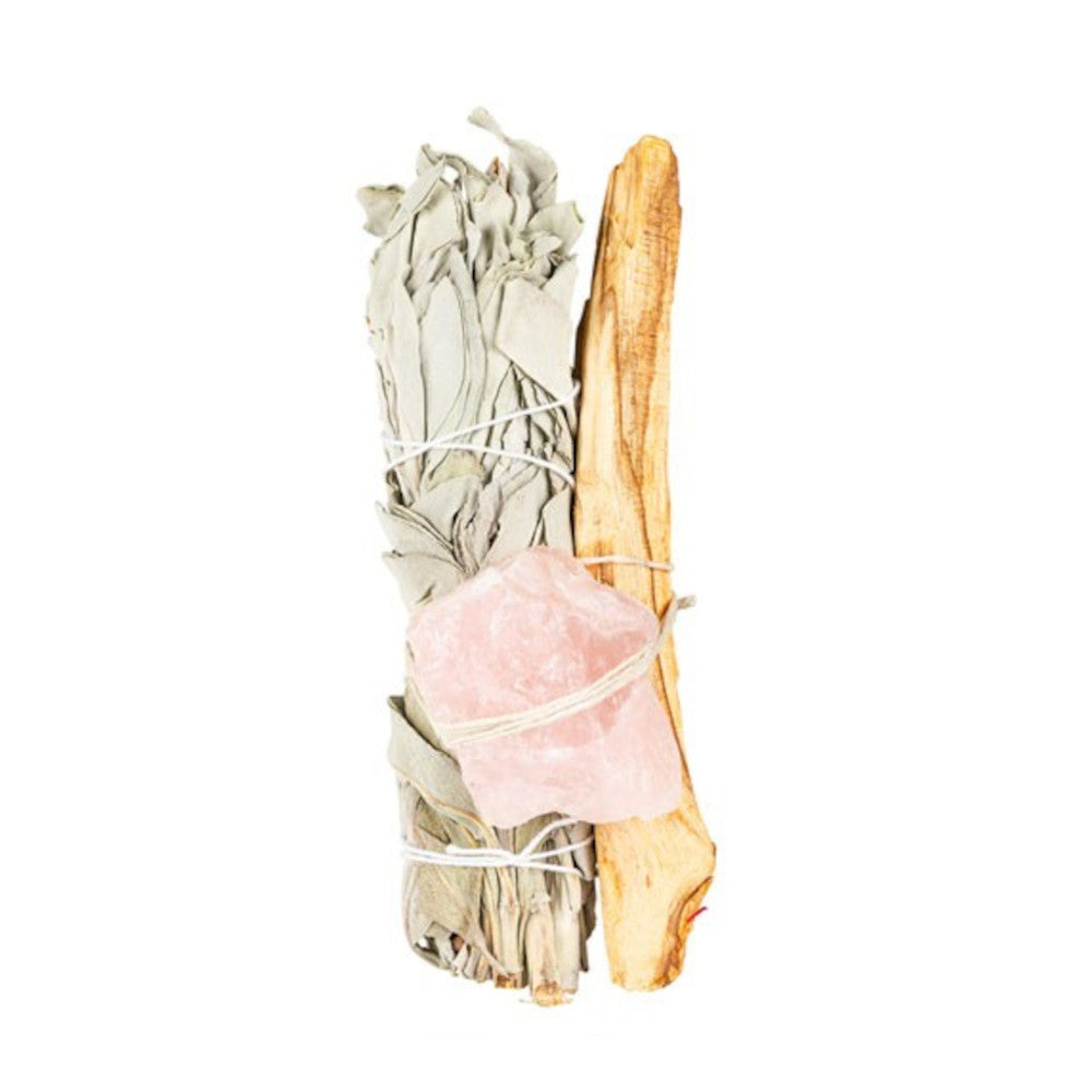 crystal sage and palo santo bundle, rose quartz