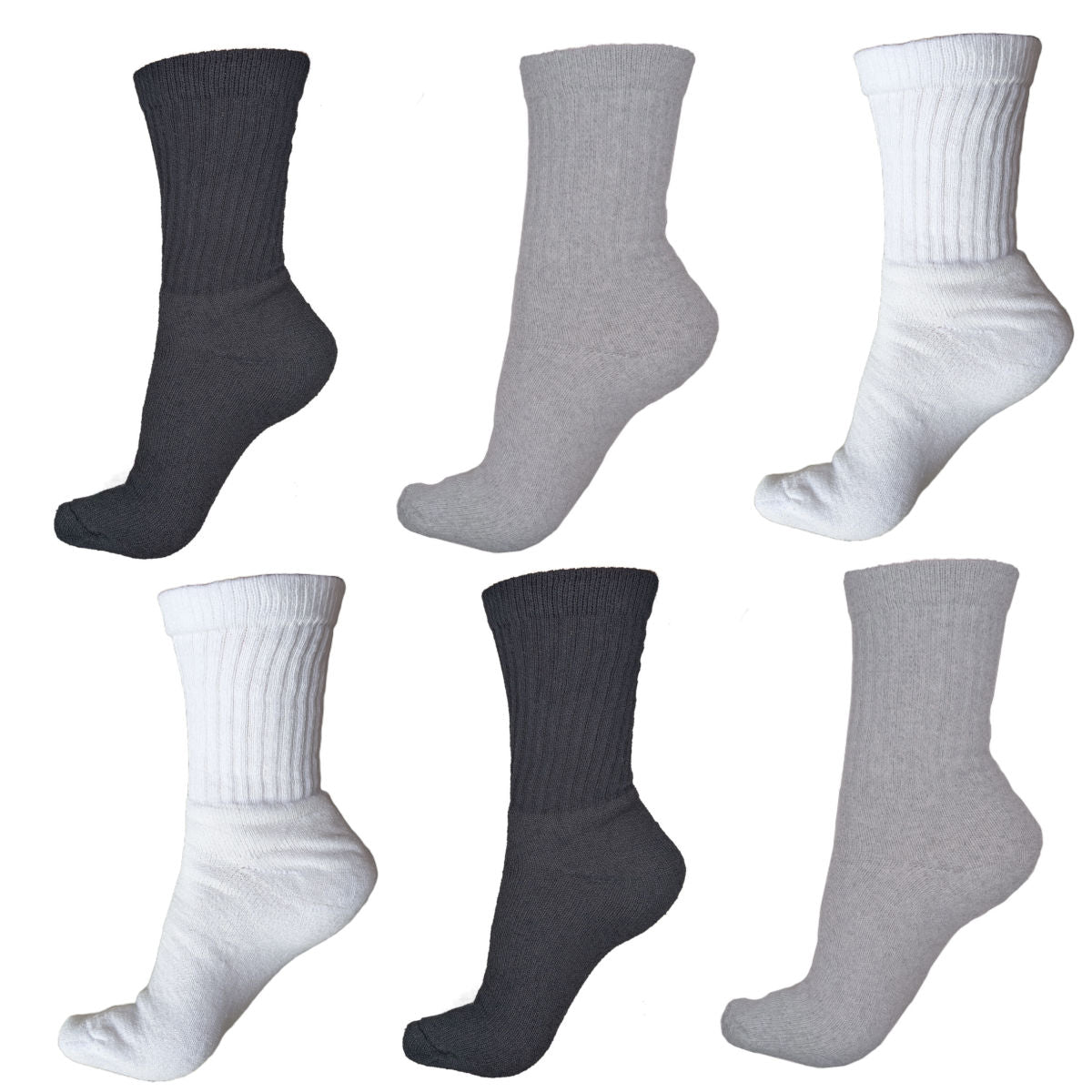 crew socks made in the USA, black white and grey assortment