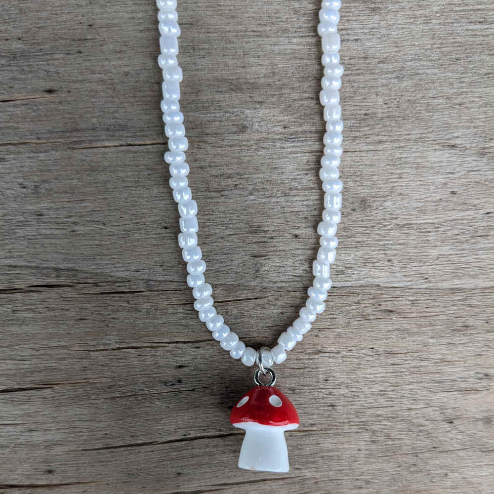 beaded mushroom necklace, white