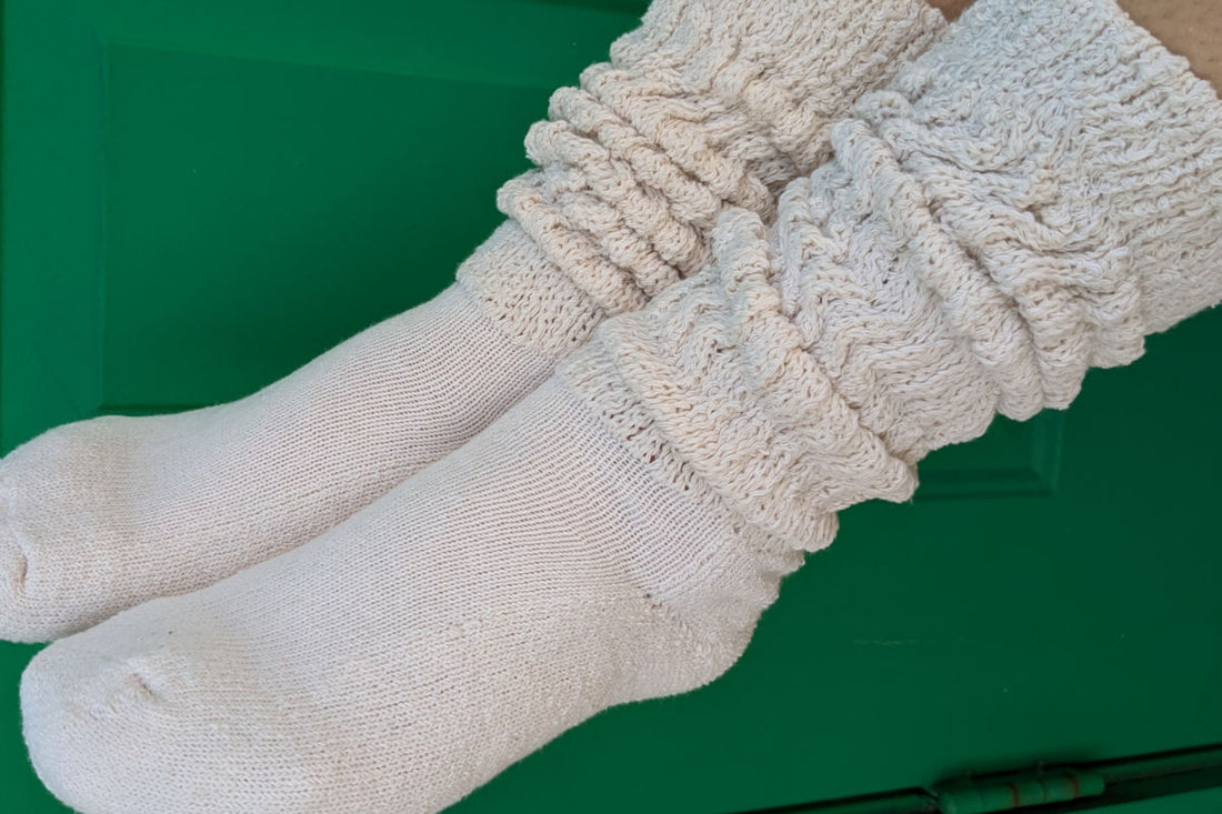 thick cotton slouch socks on a model