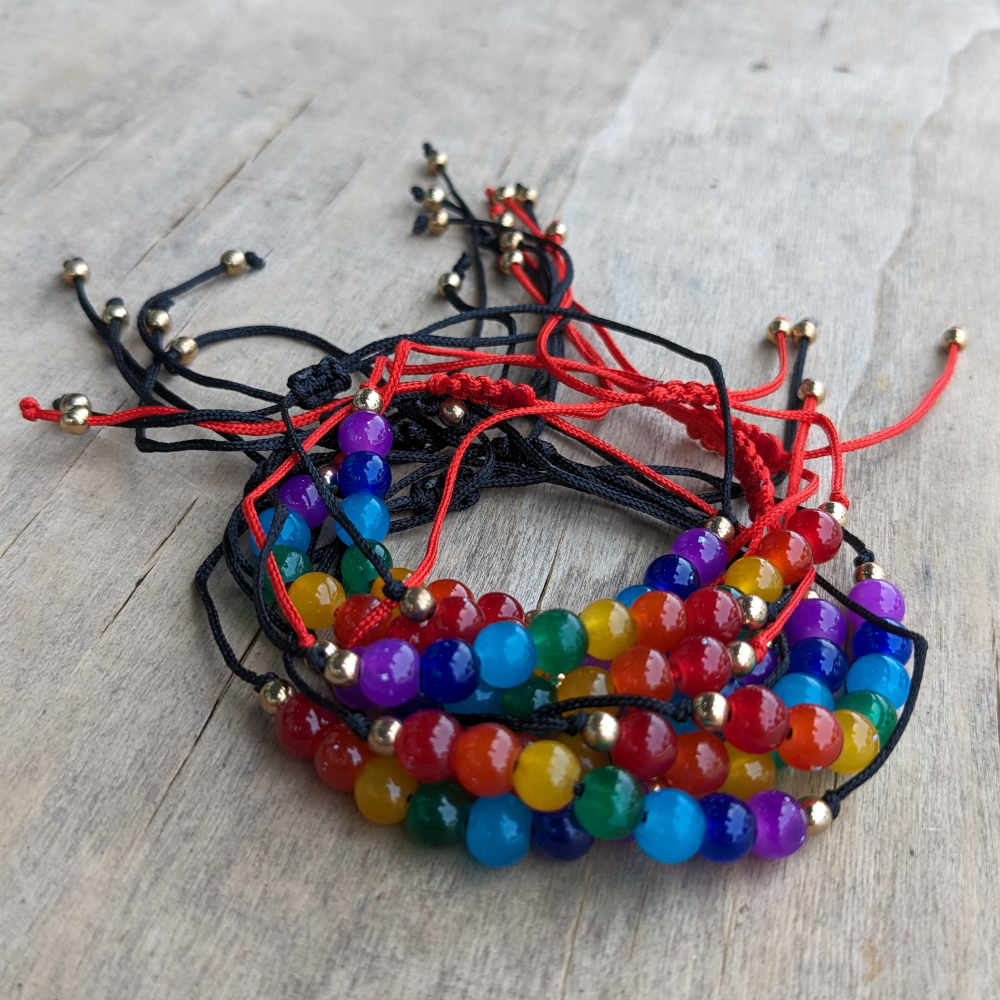 rainbow chakra bead string bracelet, bulk pack of 12 bracelets