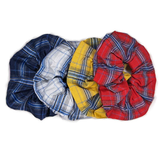 large plaid scrunchies in red, yellow, navy and white