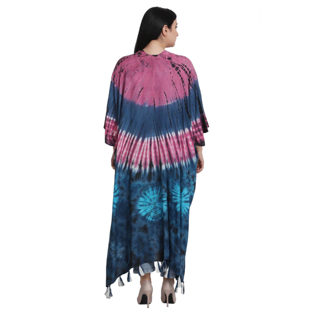 Long Tie Dye Kimono Robe with Tassels, pink and blue, back view