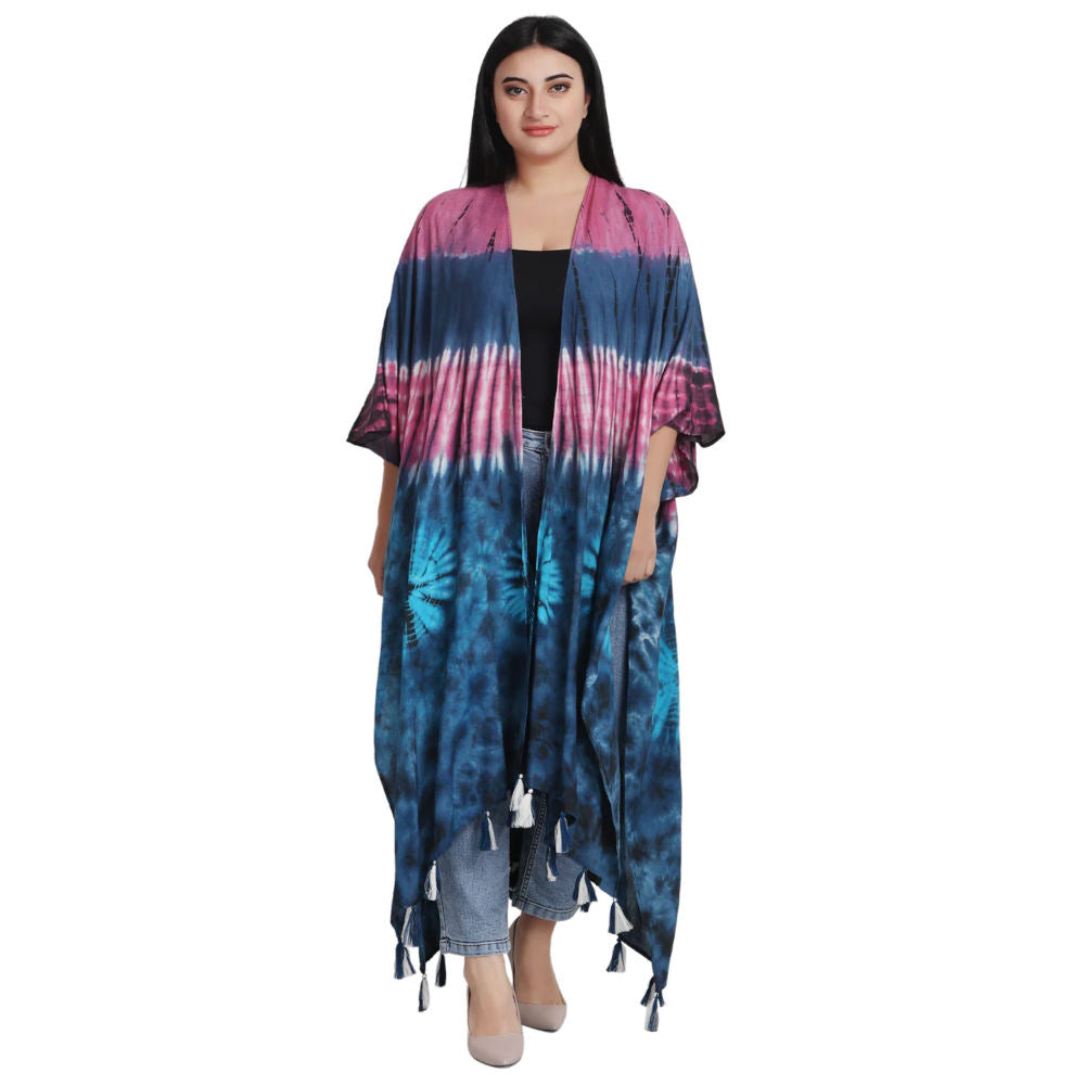 Long Tie Dye Kimono Robe with Tassels, pink and blue
