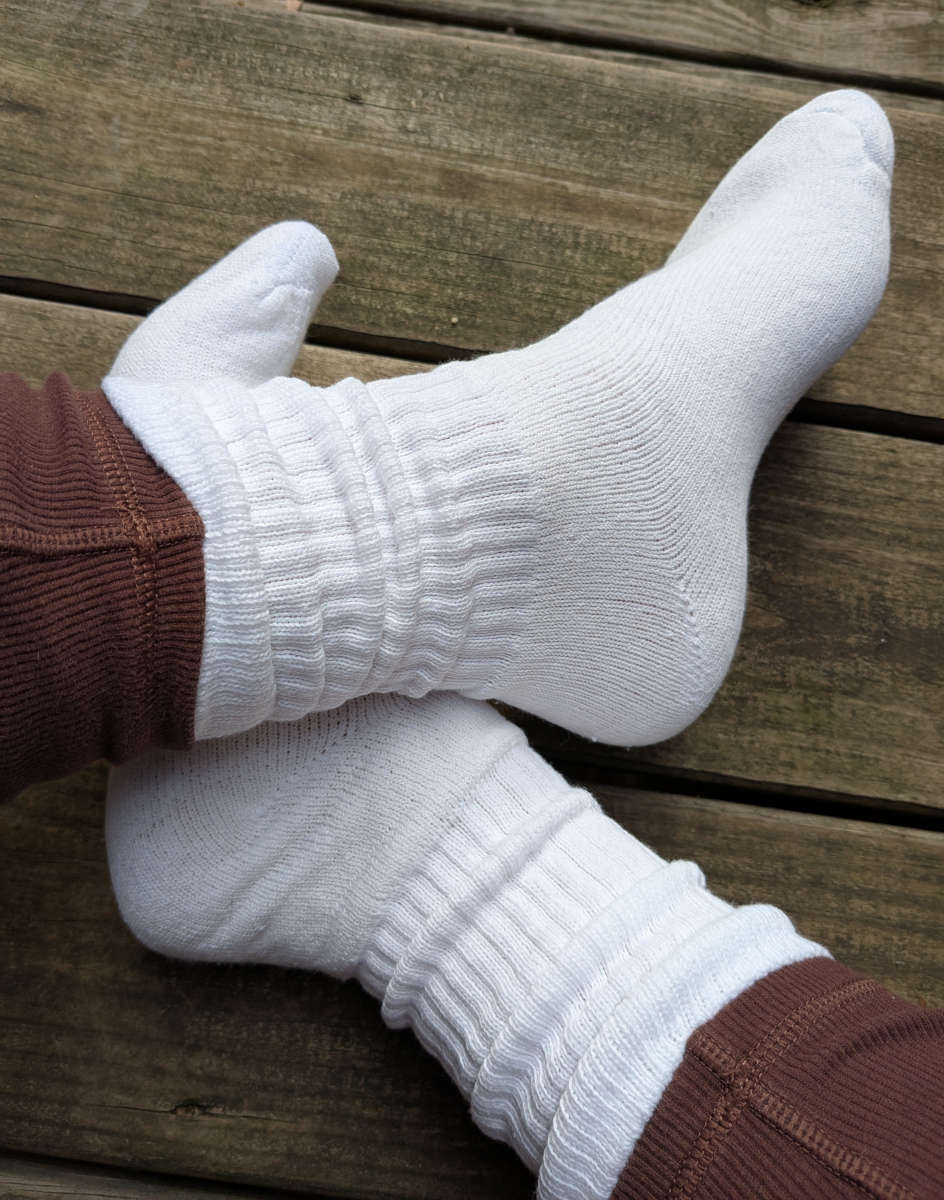 crew socks made in the USA, slouchy on a model