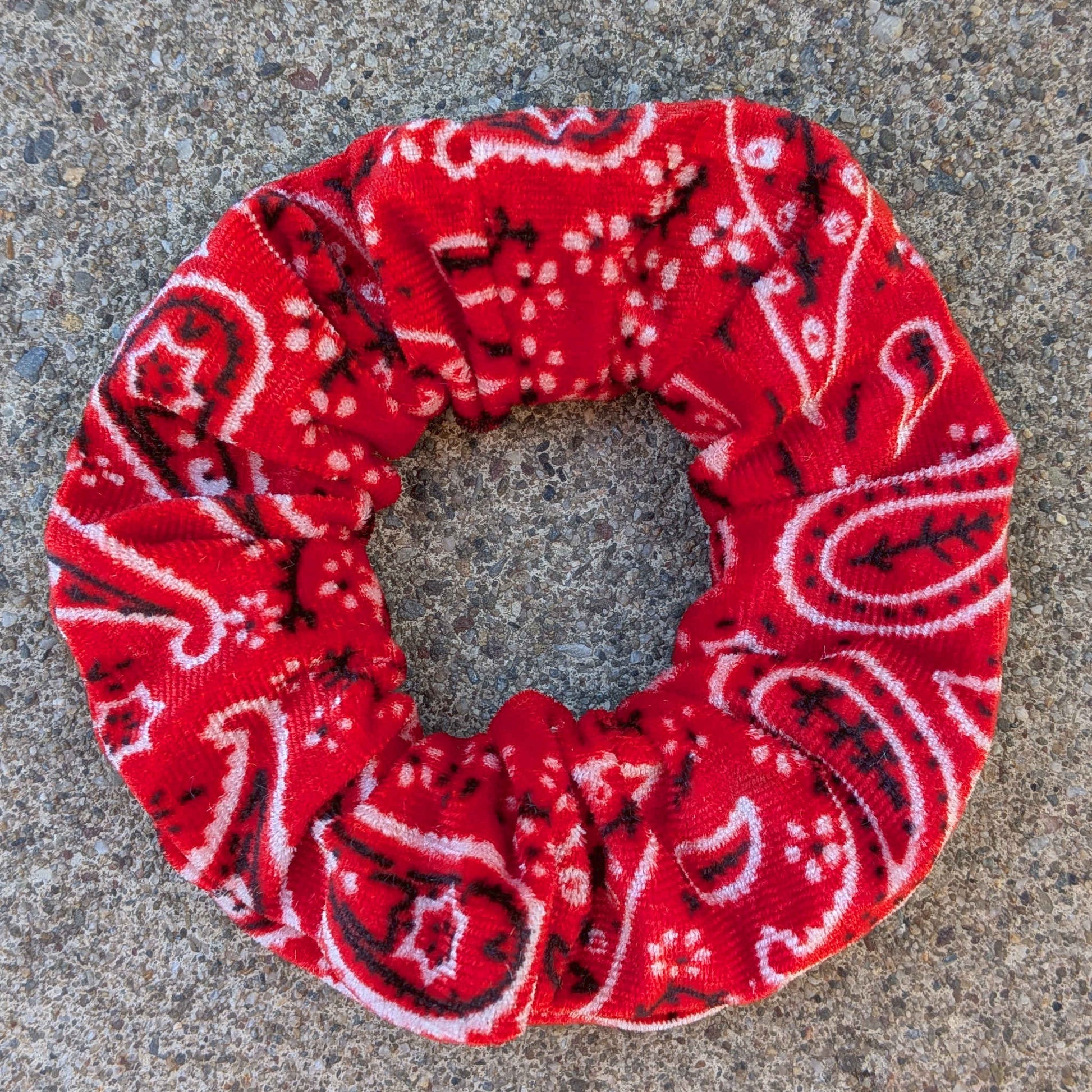 red bandana pattern velvet scrunchie
