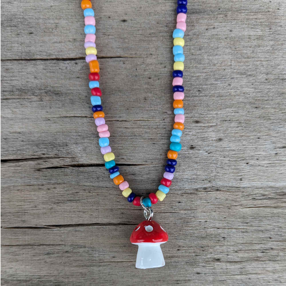 beaded mushroom necklace, multicolor