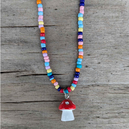 beaded mushroom necklace, multicolor