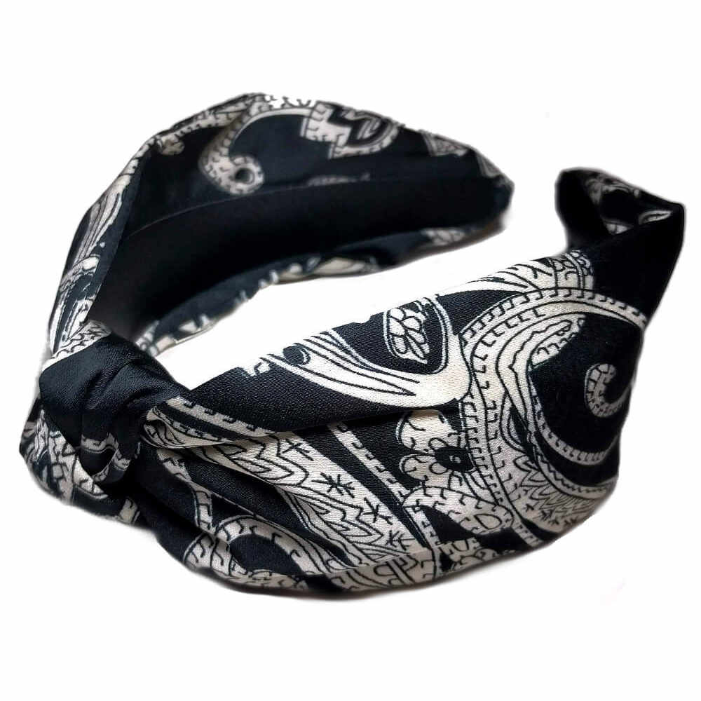 black and white paisley satin turban headband