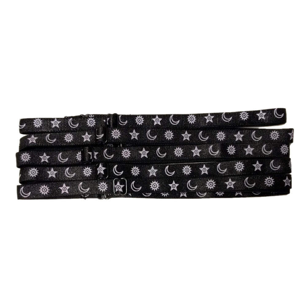 adjustable bra strap headbands, black with sun and moon and stars