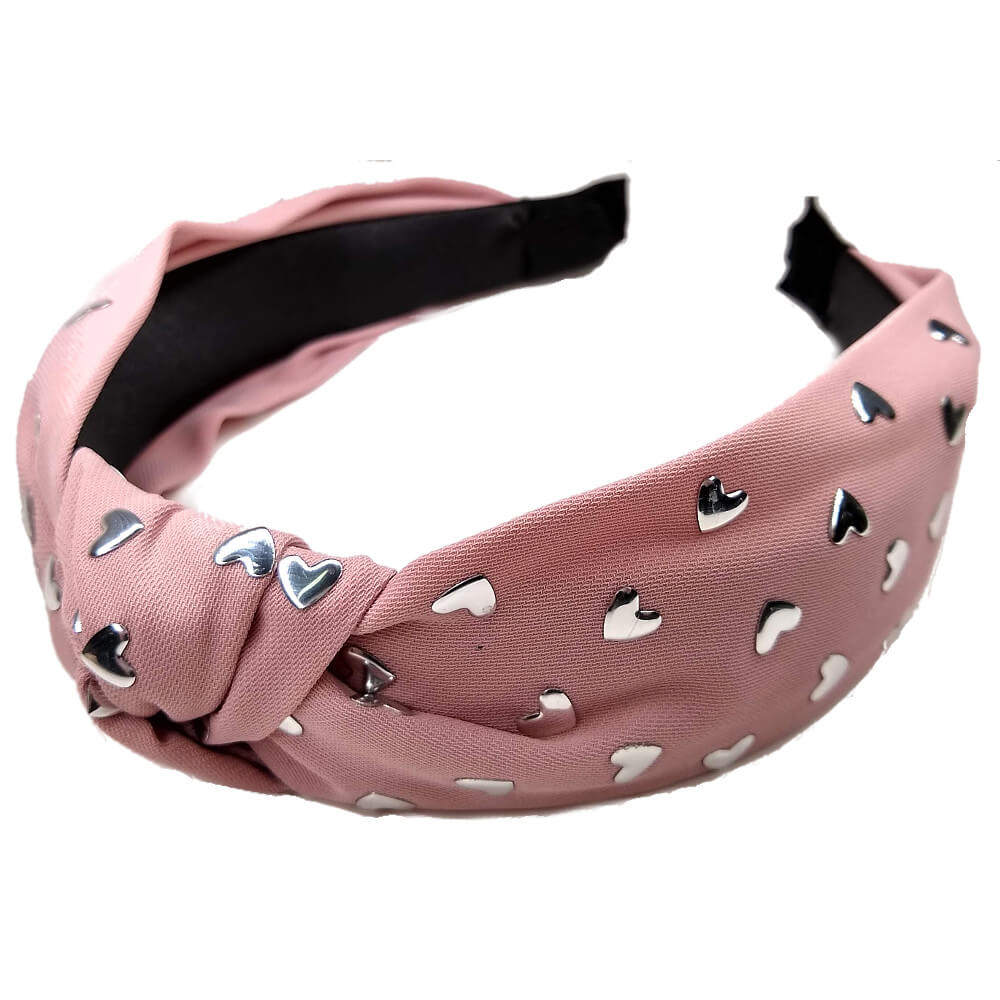 Turban Knot Headband with Heart Studs - pink