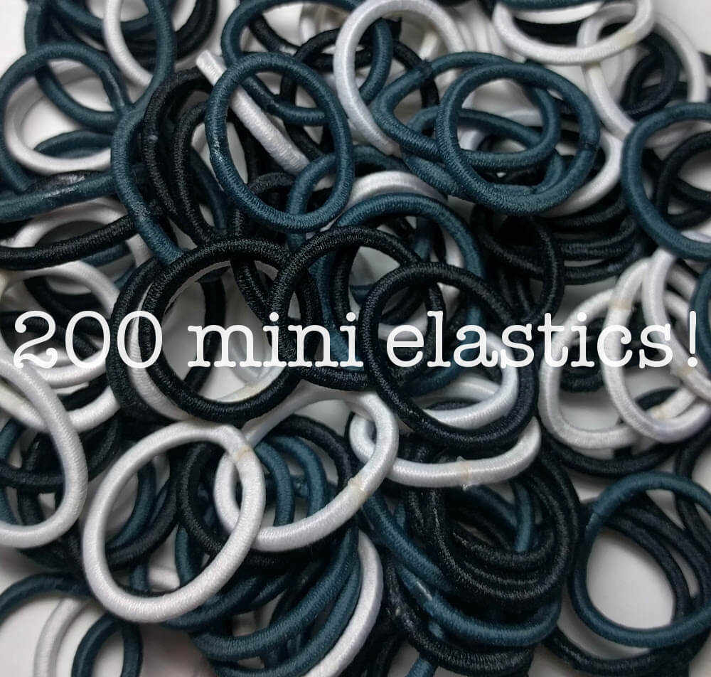Threddies mini ponytail elastics in black white grey assortment, 200 pack