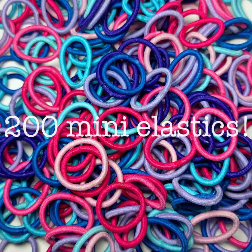 Threddies mini ponytail elastics in pink purple blue assortment, 200 pack