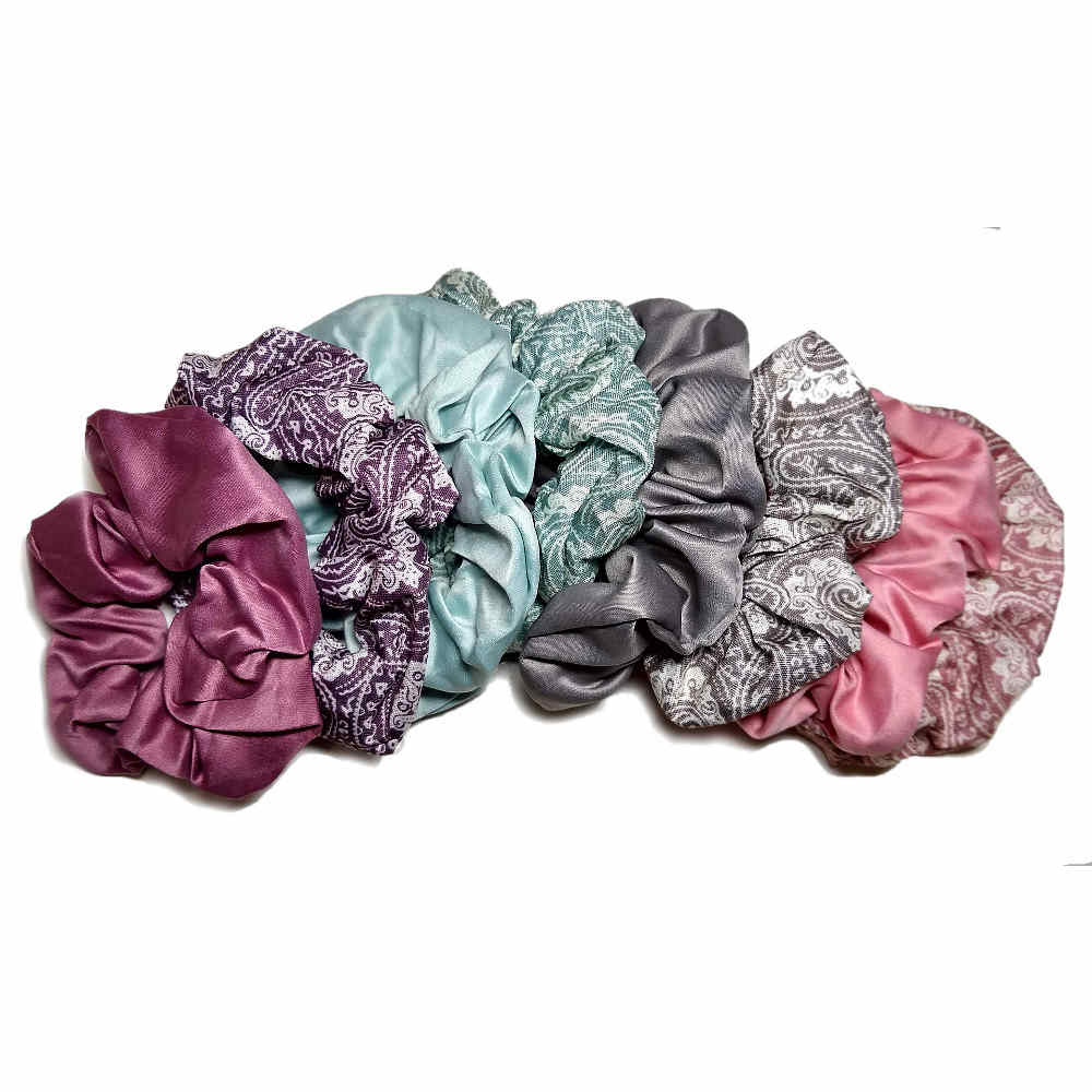 paisley and satin scrunchies set, muted colors