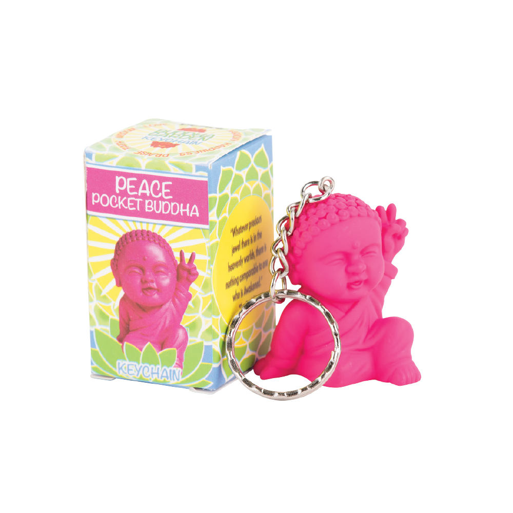 pocket buddha keychain, pink peace